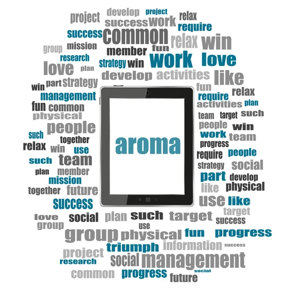 Text arom. Sociala koncept. Ordet collage med TabletPC — Stockfoto