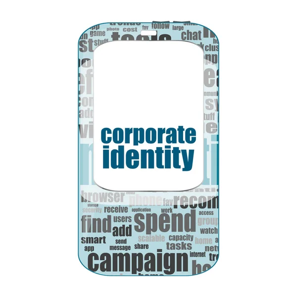 Concetto di business. testo identità aziendale. Dettagliato smartphone moderno isolato su bianco — Foto Stock