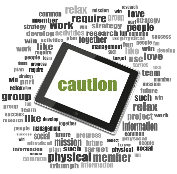 Security concept. word caution . Tablet Pc. Word cloud collage — Stock Photo, Image