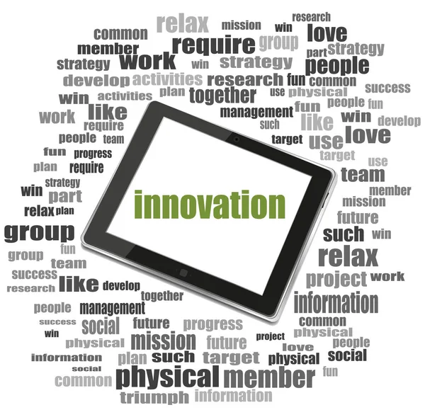 Concept d'entreprise. mot innovation. Collage Word avec tablette pc — Photo