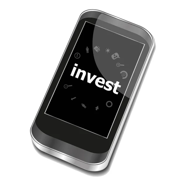 Tekst investeren. Bedrijfsconcept. Smartphone met business web pictogrammenset op scherm — Stockfoto