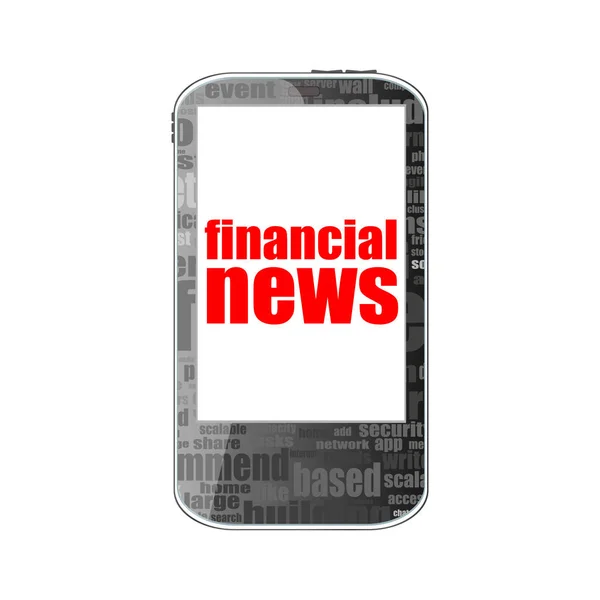 Concepto de noticias. smartphone con noticias financieras de texto en pantalla. Teléfono móvil aislado en blanco — Foto de Stock