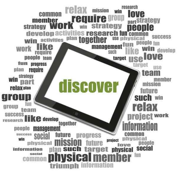 Social concept. word discover . Word collage with tablet pc — Stock Photo, Image