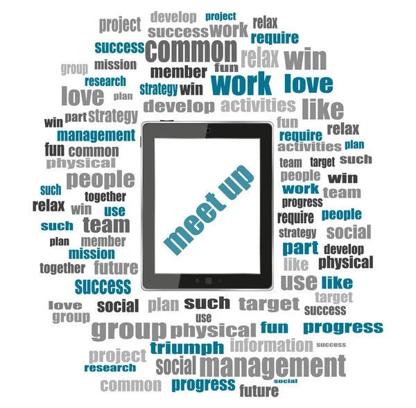El texto se encuentra. Concepto de negocio. Tablet PC con collage nube palabra — Foto de Stock