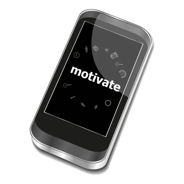 Texto Motivar. Concepto de negocio. Smartphone con icono de aplicación web en pantalla. Aislado sobre blanco —  Fotos de Stock