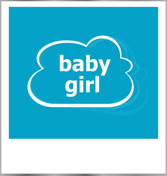 Bebê menina palavra conceito social, moldura da foto isolado no branco — Fotografia de Stock