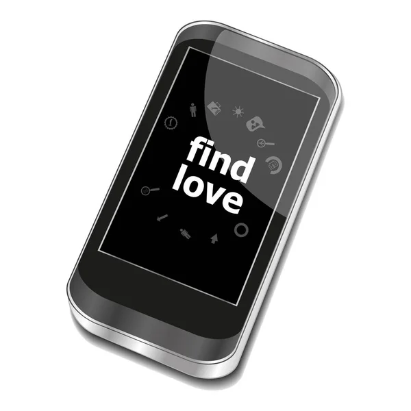 Testo Trova l'amore. Concetto sociale. Smartphone con icona dell'applicazione web sullo schermo. Isolato su bianco — Foto Stock