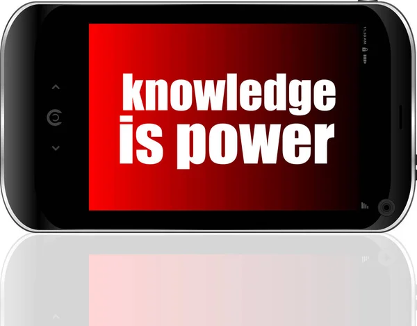 Educação e aprender conceito. conhecimento de texto é poder. Smartphone moderno detalhado — Fotografia de Stock