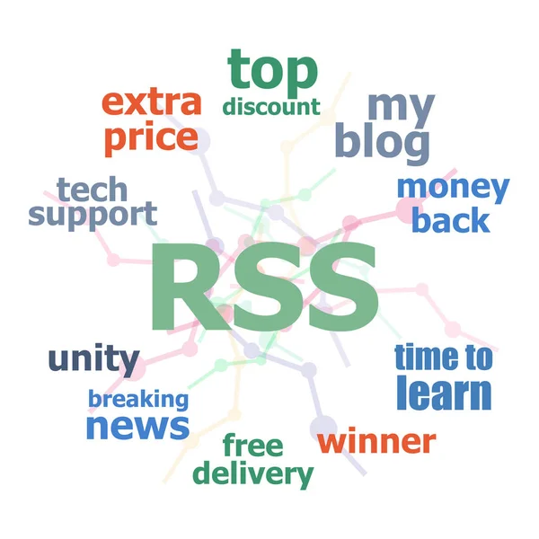 Tekst Rss. web ontwerpconcept. Word cloud collage. Achtergrond met lijnen en cirkels — Stockfoto