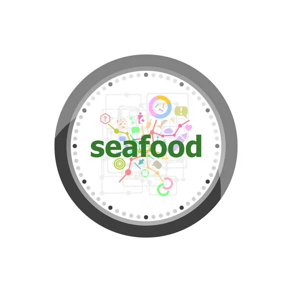 Text Seafood. Health food concept . Set of modern flat design concept icons for internet marketing. Watch clock isolated on white background — Stock Photo, Image