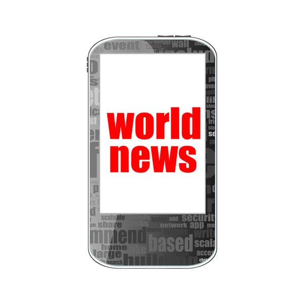 Concepto de noticias. smartphone con texto Noticias del mundo en pantalla. Teléfono móvil aislado en blanco — Foto de Stock