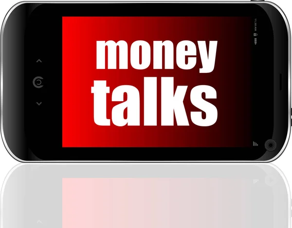 Conceito financeiro. smartphone com dinheiro de texto fala em exposição. Telefone móvel — Fotografia de Stock