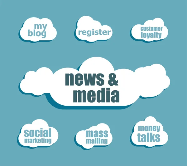 Nieuws en pers concept: woorden nieuws en media. Ontwerpen met abstracte toespraak bubble set — Stockfoto