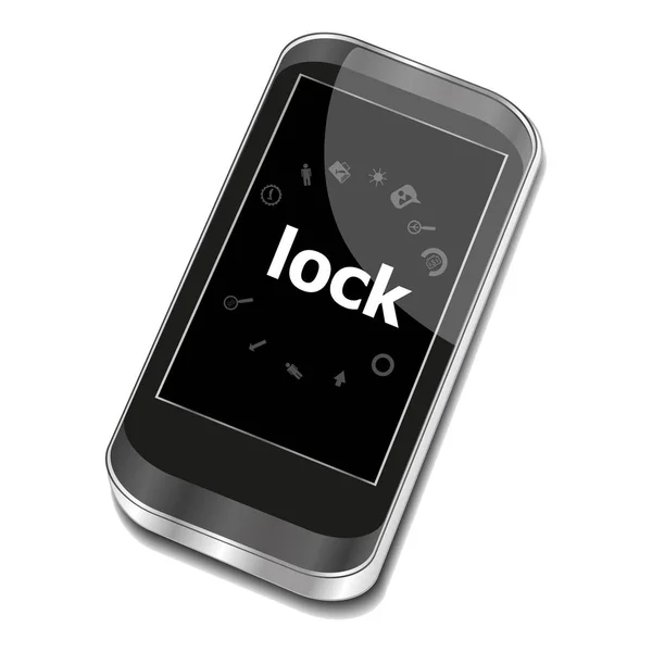 Tekst Lock. Koncepcja bezpieczeństwa. Smartfon z web ikony aplikacji na ekranie. Na białym tle — Zdjęcie stockowe