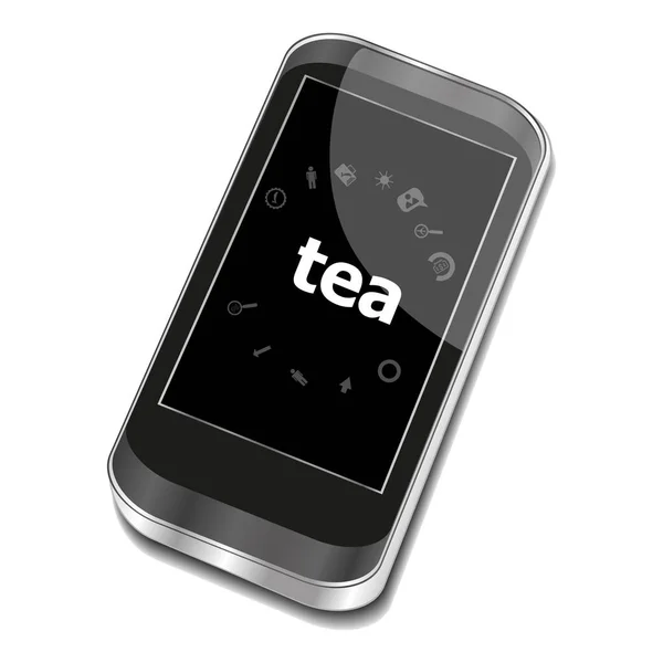 Κείμενο τσάι. Έννοια των τροφίμων. Smartphone με το εικονίδιο εφαρμογής web στην οθόνη. Απομονωμένα σε λευκό — Φωτογραφία Αρχείου
