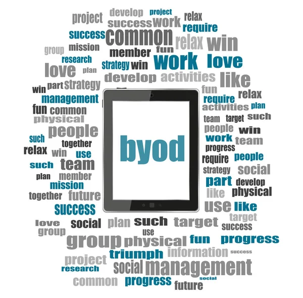 BYOD word. Management koncept. TabletPC med word cloud collage — Stockfoto