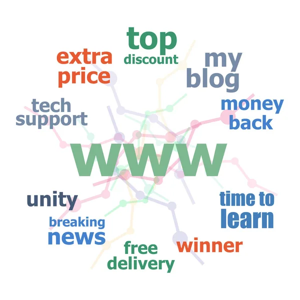 Tekst www. Web ontwerpconcept. Word cloud collage. Achtergrond met lijnen en cirkels — Stockfoto