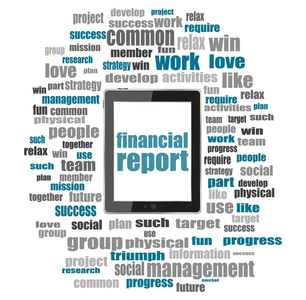 Financial report words. Business concept . Tablet pc with word cloud collage — Stock Photo, Image