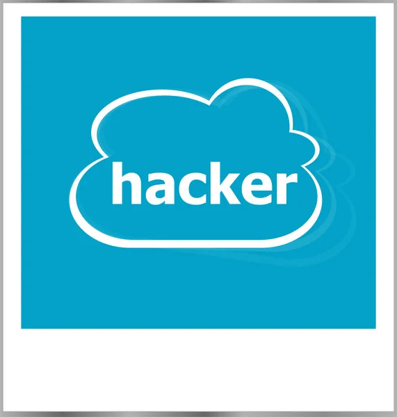 Moldura de foto instantânea com nuvem e palavra hacker, conceito de segurança — Fotografia de Stock