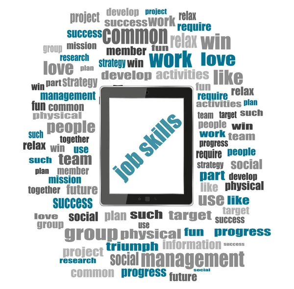 Worte berufliche Fertigkeiten. Bildungskonzept. Tablet PC mit Word Cloud Collage — Stockfoto