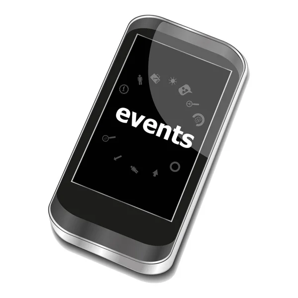 Eventos de texto. Concepto de vacaciones. Smartphone con icono web de negocios configurado en pantalla. Aislado sobre blanco —  Fotos de Stock