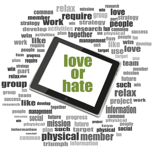 Amor ou ódio Texto. Conceito social. Tablet Pc. Colagem de nuvens de palavras — Fotografia de Stock