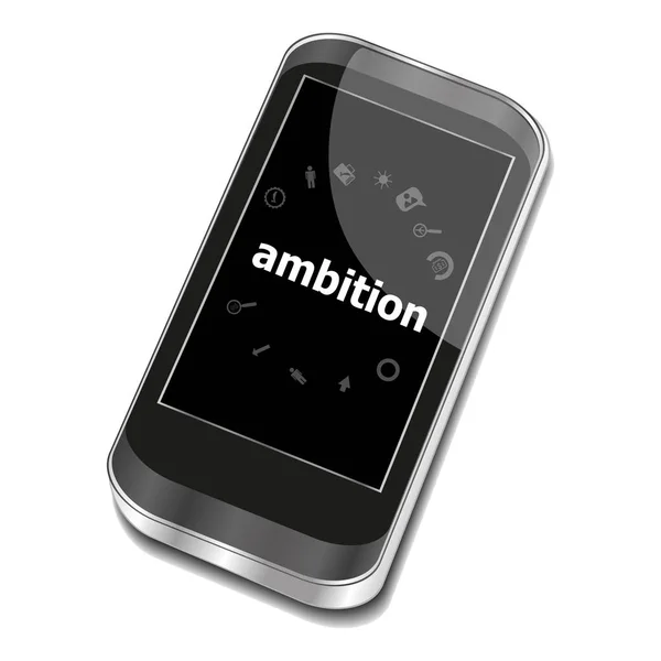 Κείμενο φιλοδοξίες. Επιχειρηματική ιδέα. Smartphone με το εικονίδιο εφαρμογής web στην οθόνη. Απομονωμένα σε λευκό — Φωτογραφία Αρχείου