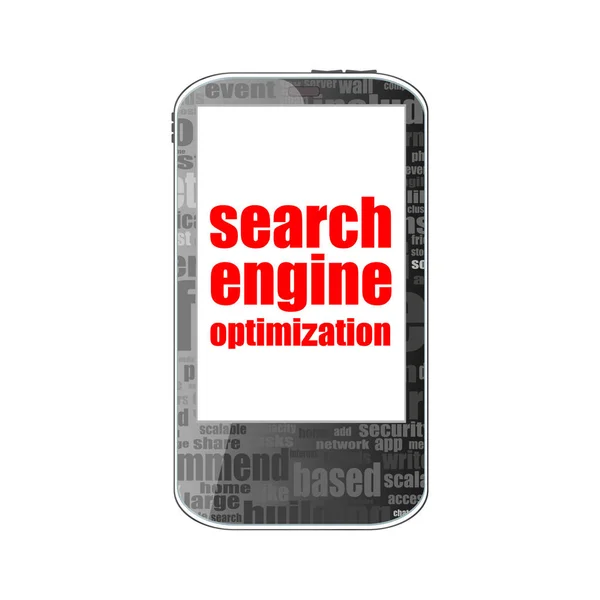Search Engine Optimization tekst. Informatie concept. Gedetailleerde moderne smartphone geïsoleerd op wit — Stockfoto