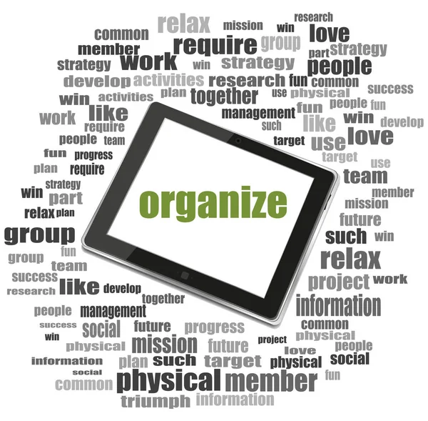 Koncepcja społecznej. Word organizuje. Word kolaż z komputera typu tablet — Zdjęcie stockowe