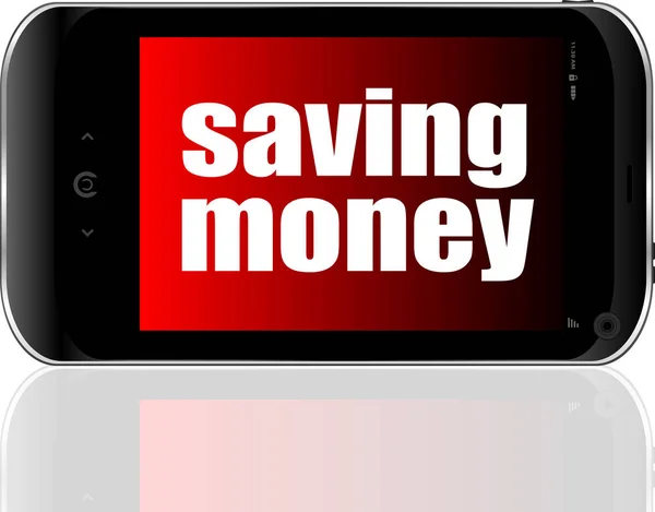Koncepcja waluty. Smartfon z tekstem oszczędzania pieniędzy na wyświetlaczu — Zdjęcie stockowe