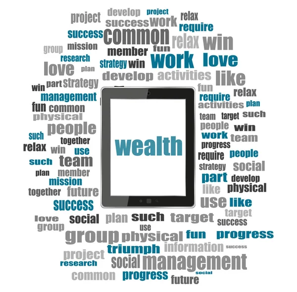 Wealth word. Business concept . Tablet pc with word cloud collage — Stock Photo, Image