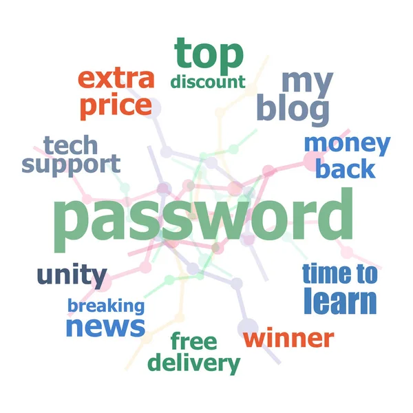 Password del testo. concetto di sicurezza. Collage nuvoloso. Sfondo con linee e cerchi — Foto Stock