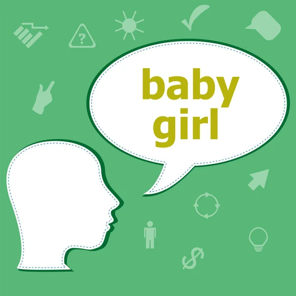 Baby meisje tekst op digitale touchscreen. sociale concept. Kop met tekstballon — Stockfoto