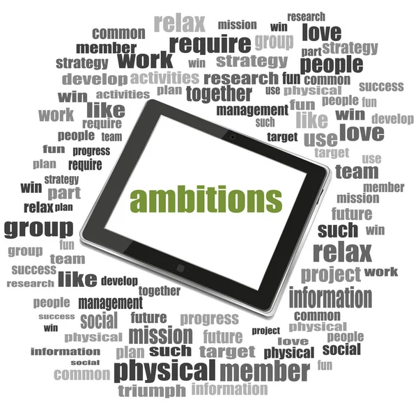 Security concept. word ambitions . Tablet Pc. Word cloud collage — Stock Photo, Image