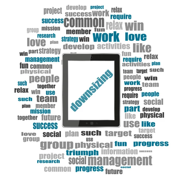 Text nedskärningar. Affärsidé. TabletPC med word cloud collage — Stockfoto