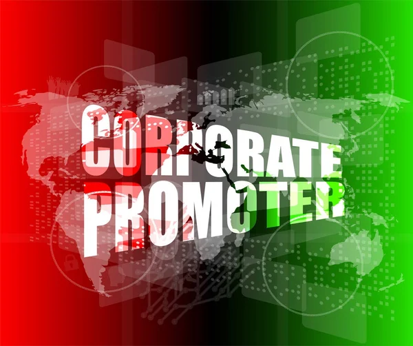 Corporate promoter words on digital screen with world map — Stock Photo, Image