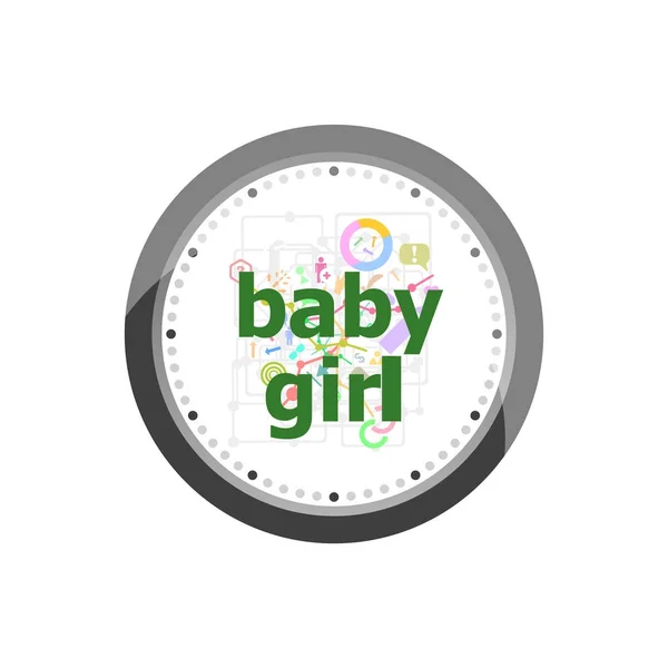 Bebek kız metin dijital dokunmatik ekran üzerinde. Sosyal kavramı. İnternet pazarlama için modern düz tasarım kavramı simgeler kümesi. Beyaz arka plan üzerinde izole saate — Stok fotoğraf