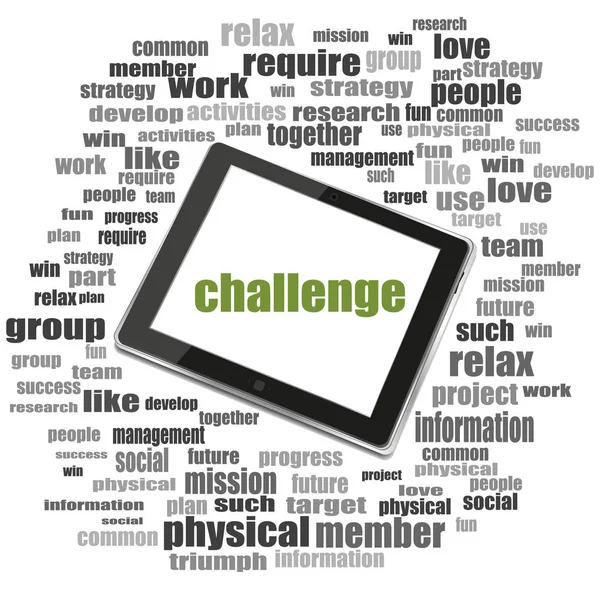 Marketing concept. Text challenge . Word collage with tablet pc — Stock Photo, Image