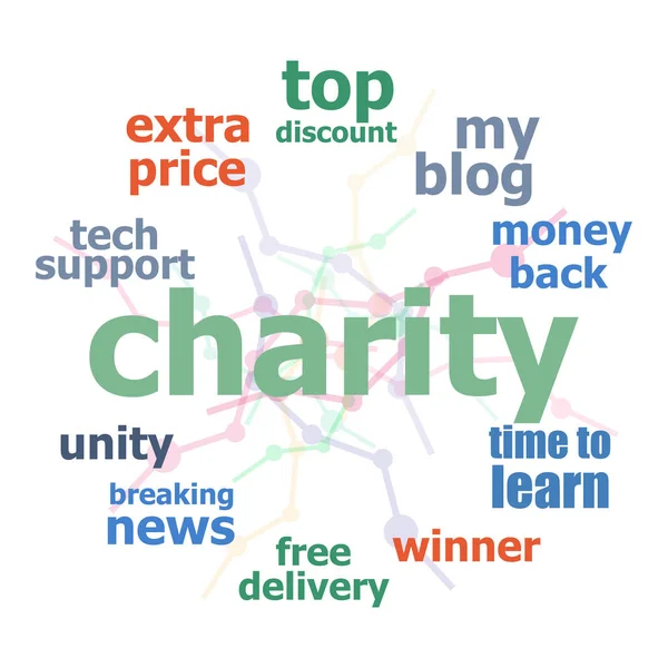 Text välgörenhet. Sociala koncept. Word cloud collage. Bakgrund med linjer och cirklar — Stockfoto