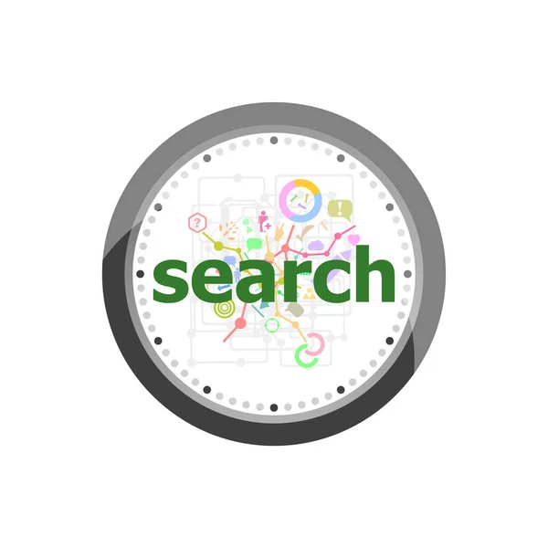 数字背景下的文本搜索。Seo 网站开发理念。一套现代平面设计概念图标, 用于网络营销。在白色背景上隔离的钟表 — 图库照片