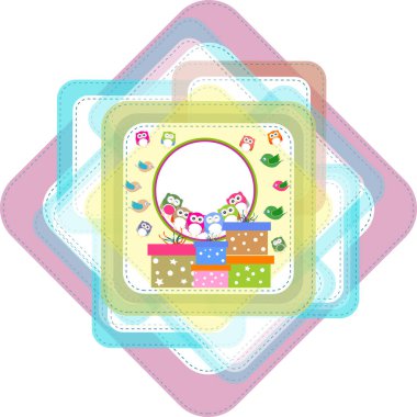 Sevimli baykuşları ve kuşları olan doğum günü partisi öğeleri. Davetiye kartında şirin bir hayvan çizgi filmi var.