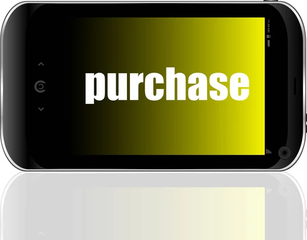 購入テキスト。ビジネスコンセプト。詳細現代のスマートフォン — ストック写真