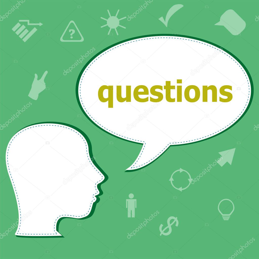 Text Questions on digital background. Education concept . Head with speech bubble