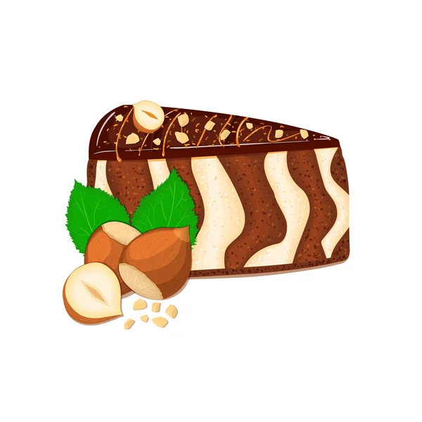 Um pedaço de bolo de zebra com nozes. Vetor fatiado esponja porção listrada, creme de chocolate decorado e noz esmagada no fundo branco para design de menu, café, confeitaria — Vetor de Stock