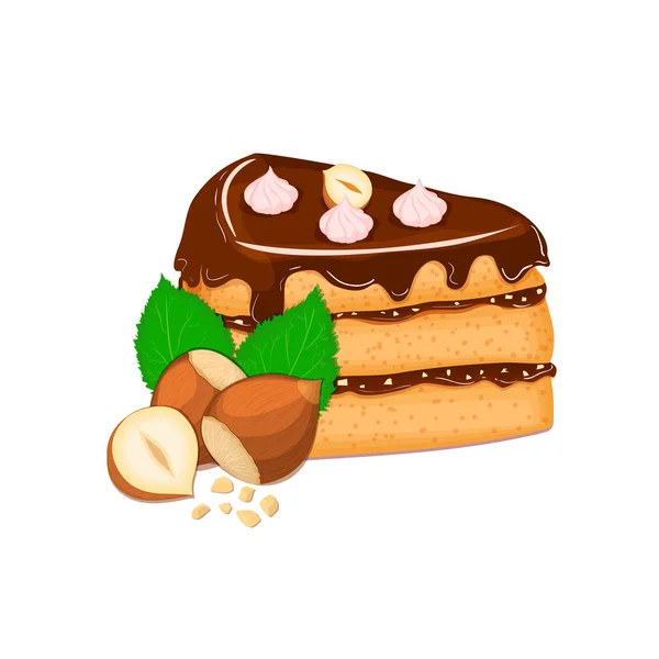 Stück Kuchen mit Nüssen. Vektor geschnittene Portion Biskuit cremige Haselnuss-Schicht, dekorierte Schokoladencreme und zerkleinerte Walnuss auf weißem Hintergrund für Menüdesign, Kaffee, Süßwaren — Stockvektor