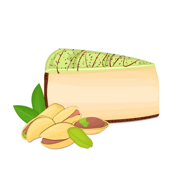 Piece of cheesecake with pistachio nuts. Vector sliced portion  cheescake cake  creamy pistacia layer, decorated  chocolate shortcake on white background for menu design coffee confectionery — Stock Vector