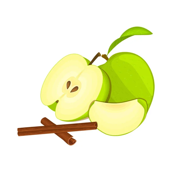 Vektoros rajz néhány Alma fűszer. Zöld alma gyümölcsök egész, fél, a szelet és a fahéj kibír csoport ízletes színes design csomagolás lé, reggeli, egészséges táplálkozás, vegán — Stock Vector