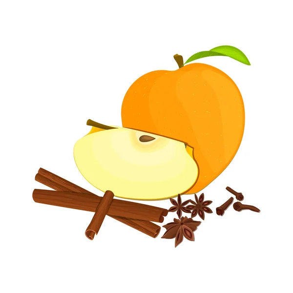 Vektoros rajz néhány Alma fűszer. Sárga apple gyümölcsök egész, fél, szelet és ánizs, fahéj csoport ízletes színes design csomagolás lé, reggeli, egészséges táplálkozás, vegán — Stock Vector