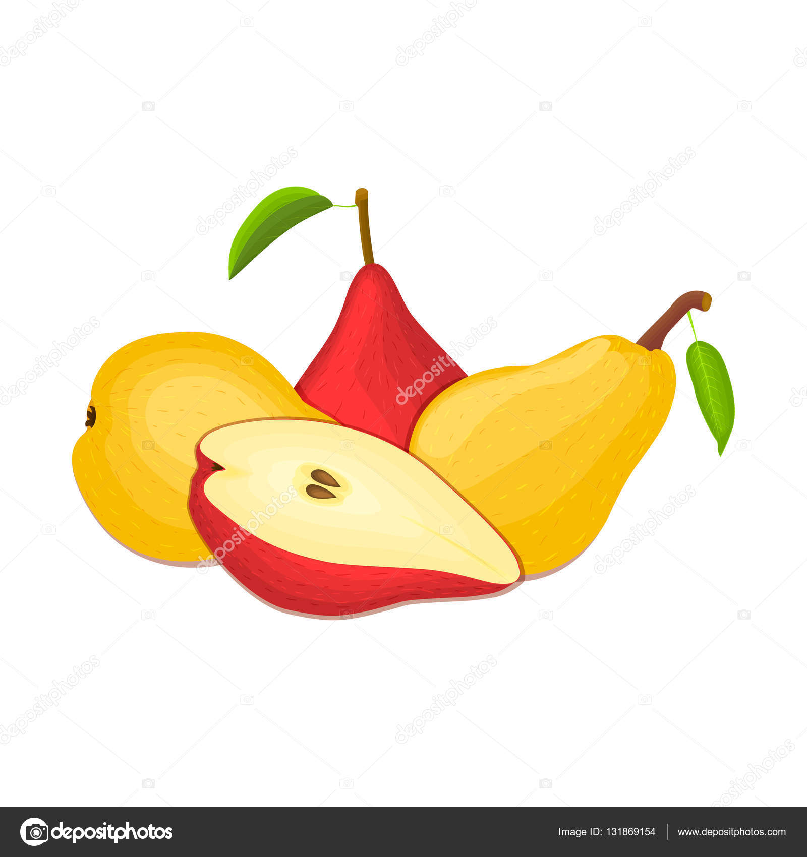 posizione di pere diverse Pera gialla e rossa di vettore frutta cercando appetitoso Gruppo di frutti gustosi design colorato per il confezionamento di