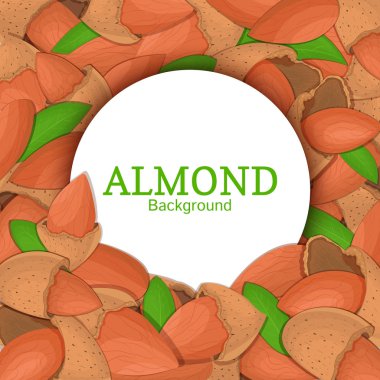 Badem fındık arka plan üzerinde yuvarlak beyaz çerçeve. Vektör kartı çizim. Daire içine fındık, ceviz meyve kabuğu, Bütün, kabuklu, yaprakları sağlıklı gıda ambalaj tasarımı için seyir iştah açıcı